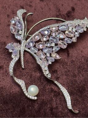 Silver Butterfly Brooch with Light Lavender Crystals and Pearl Accent
